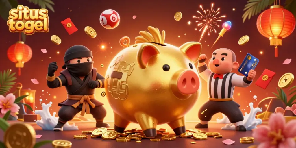 Experience the thrill of situs togel with gold coins flying from a piggy bank sumo wrestler.