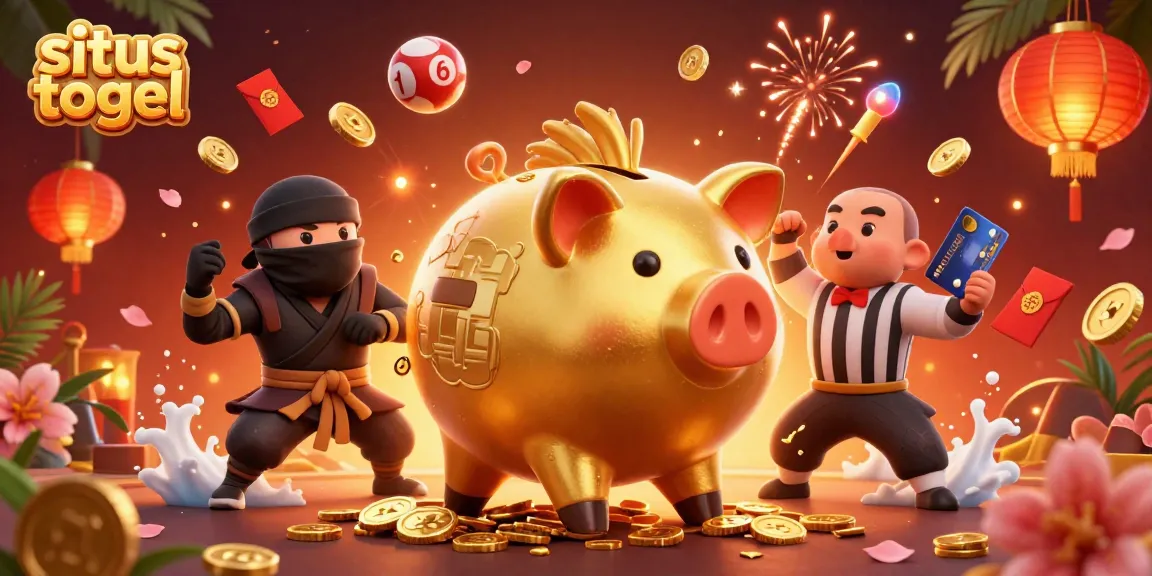 Experience the thrill of situs togel with gold coins flying from a piggy bank sumo wrestler.