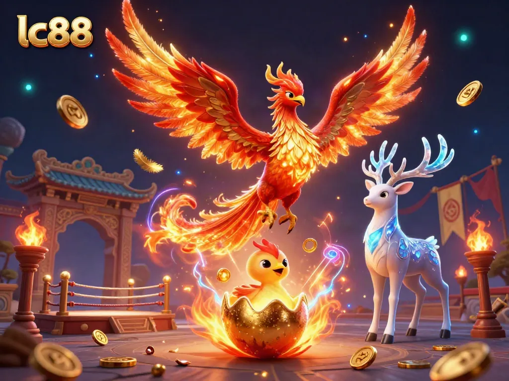 Experience the excitement of lc88 with a vibrant phoenix illustration symbolizing energy and chance in gaming.