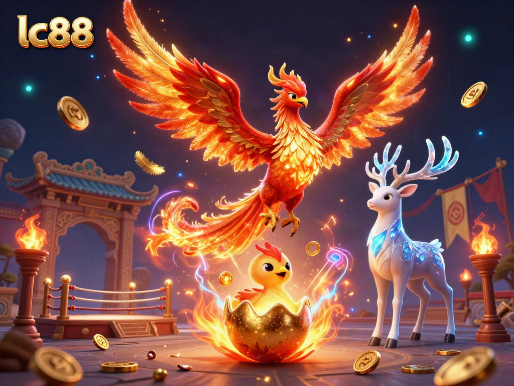 Experience the excitement of lc88 with a vibrant phoenix illustration symbolizing energy and chance in gaming.
