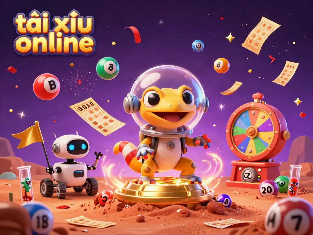 Experience the exciting world of tài xỉu online with a vibrant Martian-themed casino scene featuring dynamic game elements.