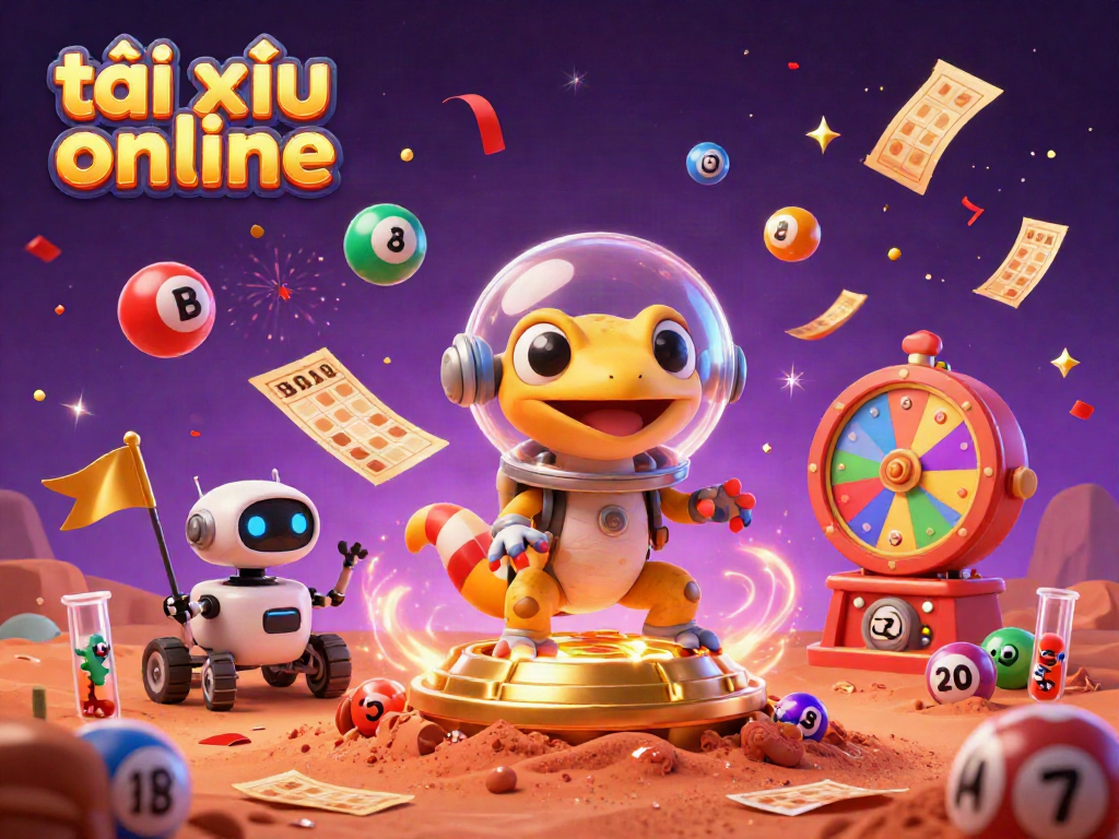 Experience the exciting world of tài xỉu online with a vibrant Martian-themed casino scene featuring dynamic game elements.