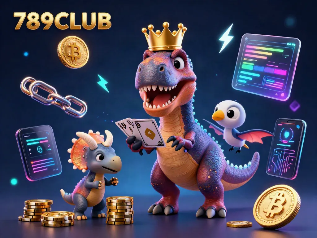 Engage with 789CLUB in this vibrant 3D illustration showcasing a T-Rex and friends amidst crypto elements.