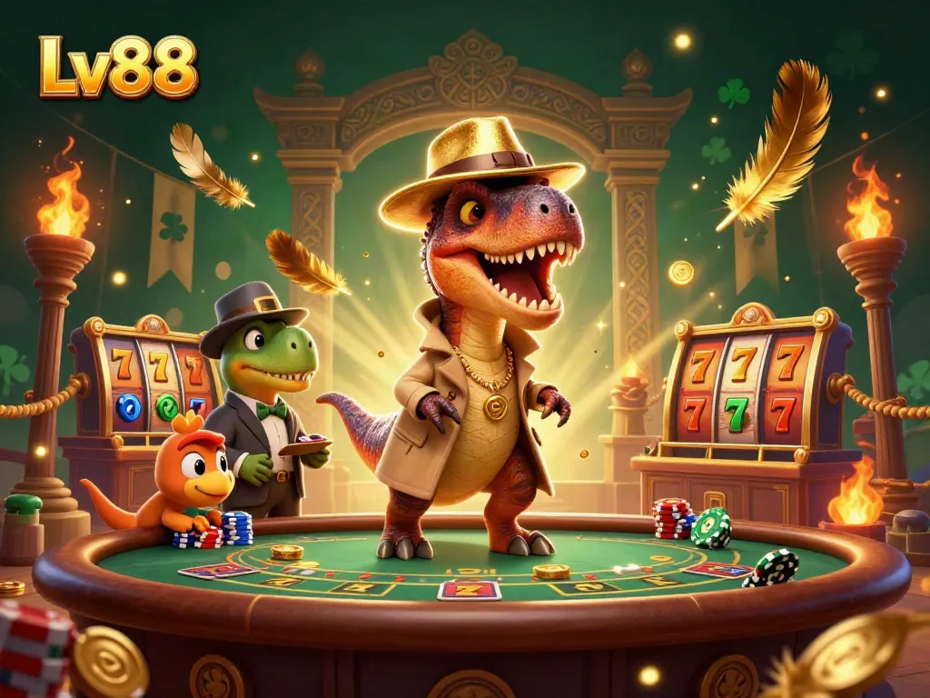 Bet on thrilling slots at Lv88 with animated characters engaging at a lively gambling table.