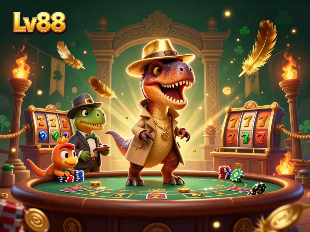 Bet on thrilling slots at Lv88 with animated characters engaging at a lively gambling table.