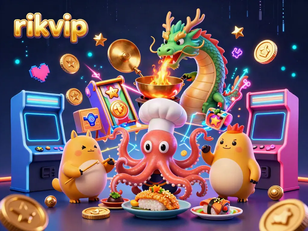 Experience the excitement of rikvip with a colorful and dynamic scene featuring a cartoon chef octopus, dragon, and tanuki amidst vibrant gambling symbols.