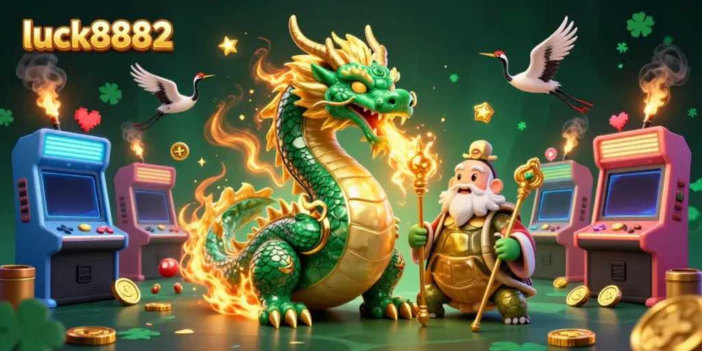 Enter the magical world of luck8882, where a jade dragon and playful turtles guide your gaming adventure.