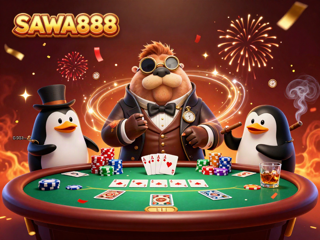 SAWA888 engaging in an underwater poker game with fun characters like a walrus and a pufferfish.