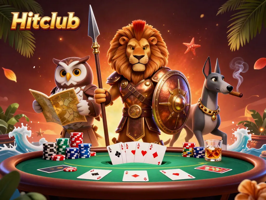 Engage in thrilling moments at Hitclub with a vibrant portrayal of a heroic Spartan lion and tactical owl amid a bustling poker scene.