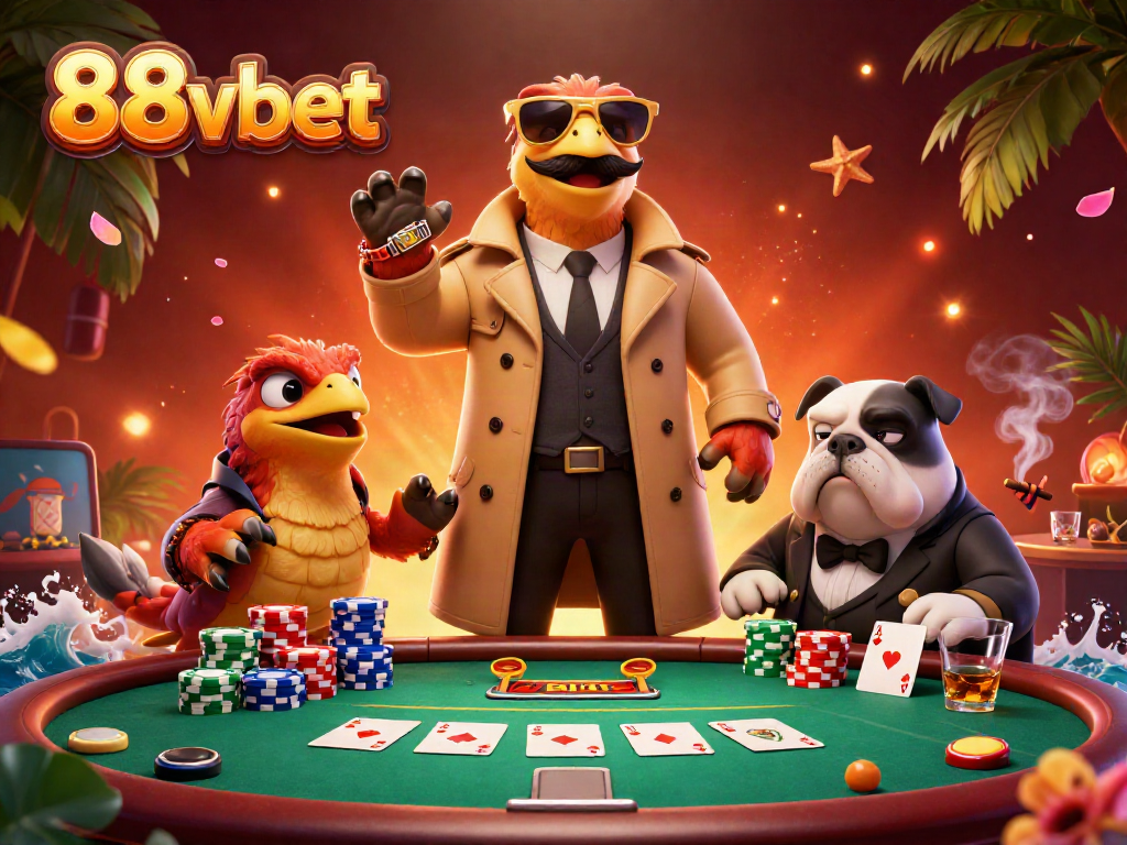 Experience thrilling action at 88vbet with raptors infiltrating a VIP casino lounge, showcasing poker elements.