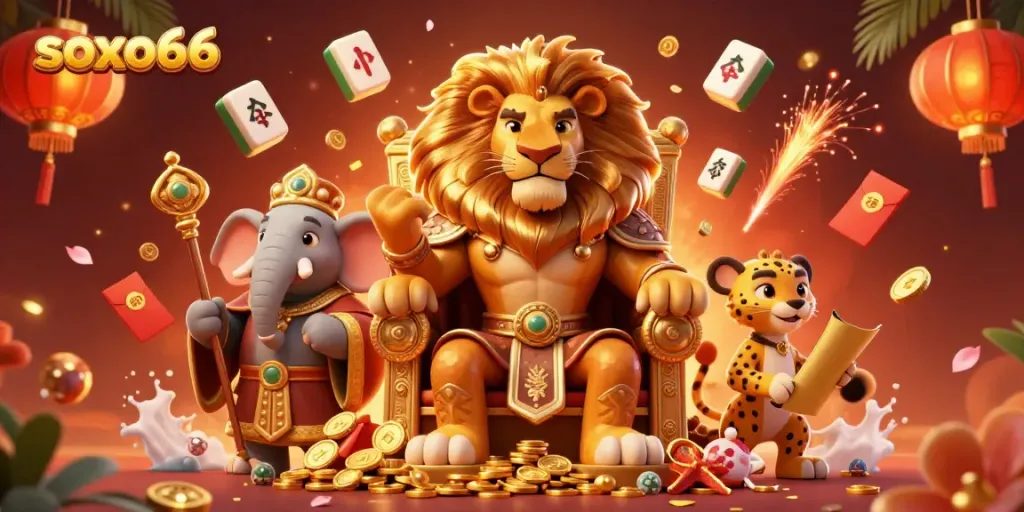 Experience the excitement of soxo66 with a vibrant 3D casino scene featuring a lion king, elephant advisor, and cheetah messenger.