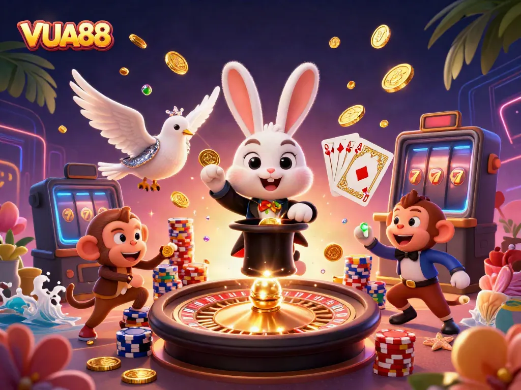 Engage with VUA88 as the magician rabbit dazzles with golden coins, surrounded by glamorous casino elements.