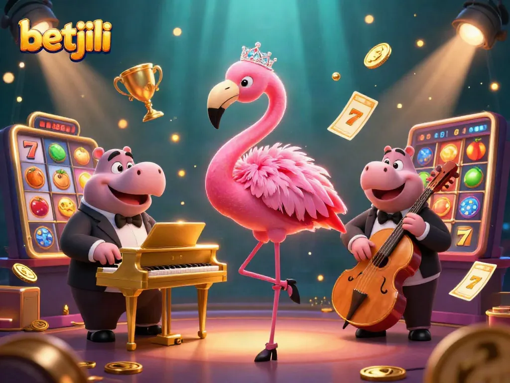 Experience thrilling slots with betjili in a vibrant 3D casino scene featuring lively characters and dynamic game elements.