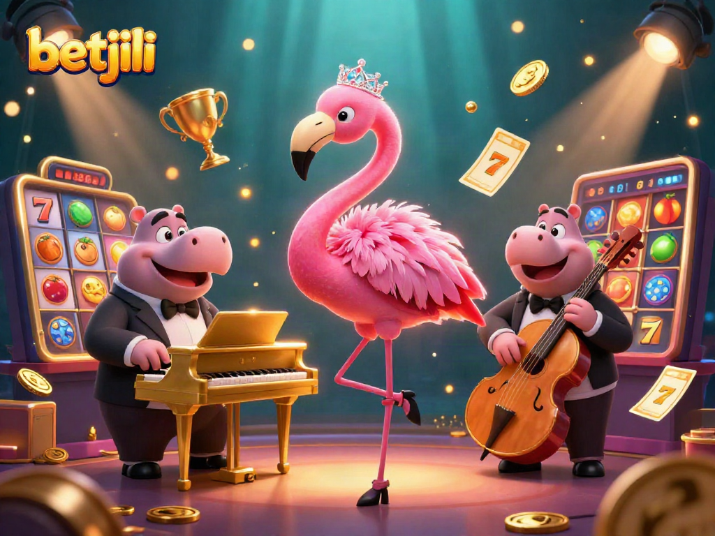 Experience thrilling slots with betjili in a vibrant 3D casino scene featuring lively characters and dynamic game elements.