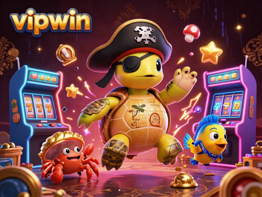 Engage with vipwin in this vibrant 3D illustration showcasing a pirate turtle and arcade elements.