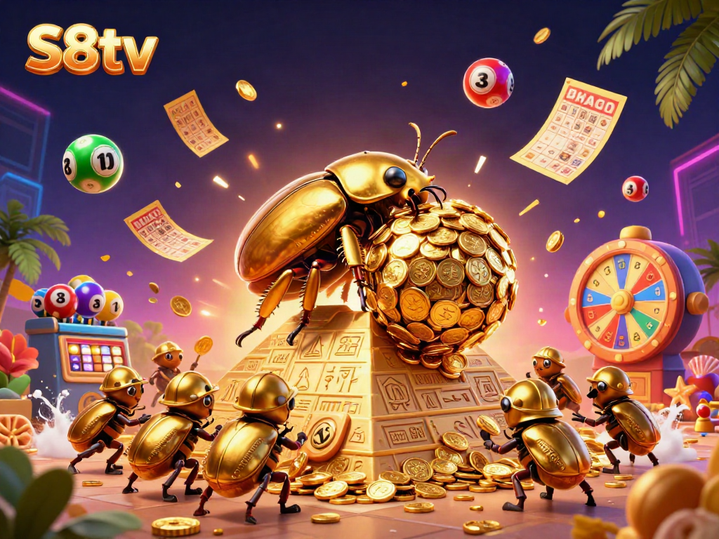 S8tv showcases thrilling Vegas-like action with a golden dung beetle rolling coins in a vibrant casino scene.