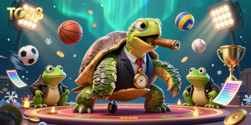 Experience thrilling gaming action with TG88's dynamic casino-themed illustration featuring a snapping turtle and bullfrog characters.