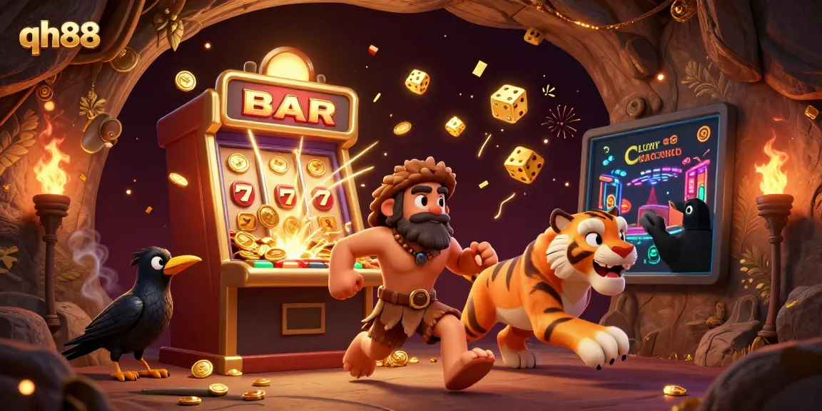 Experience the excitement of qh88's prehistoric casino with vibrant slot machine jackpots and colorful elements.