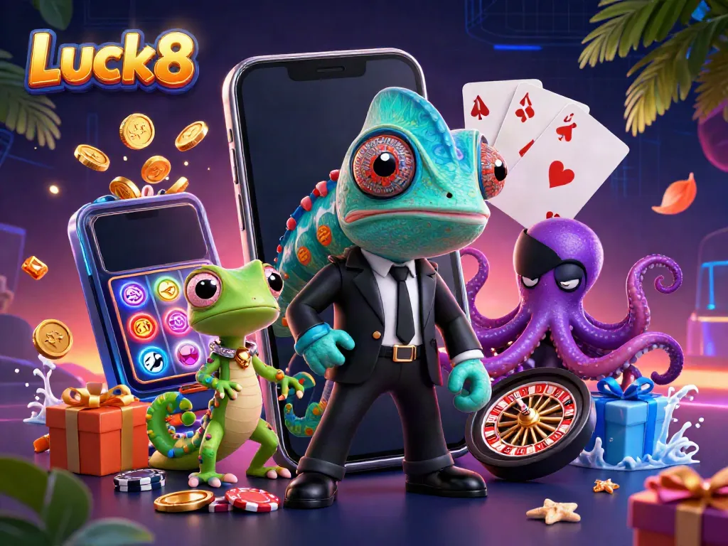Experience the vibrant Luck8 casino environment with engaging characters and exciting game elements.
