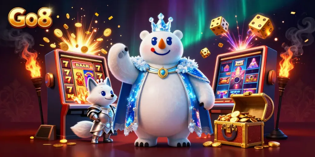 Experience Go8 thrills with a vibrant 3D casino scene featuring ice king, jackpot items, and energy!