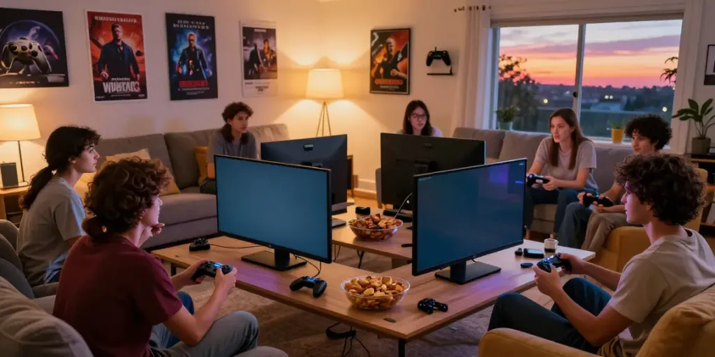 Friends enjoying multiplayer games together at a cozy home setup with kilat404 theme.