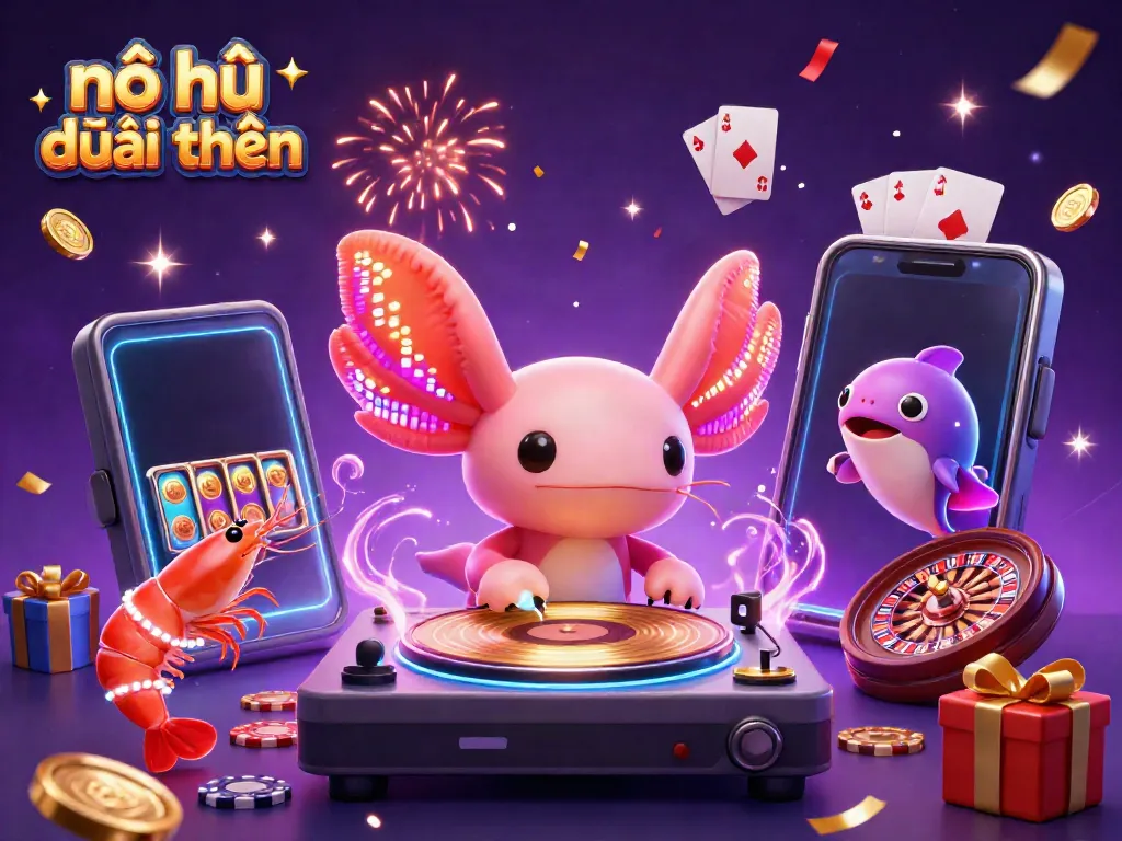 Engaging scene of a neon axolotl DJ promoting nổ hũ đổi thưởng amidst celebratory casino elements.