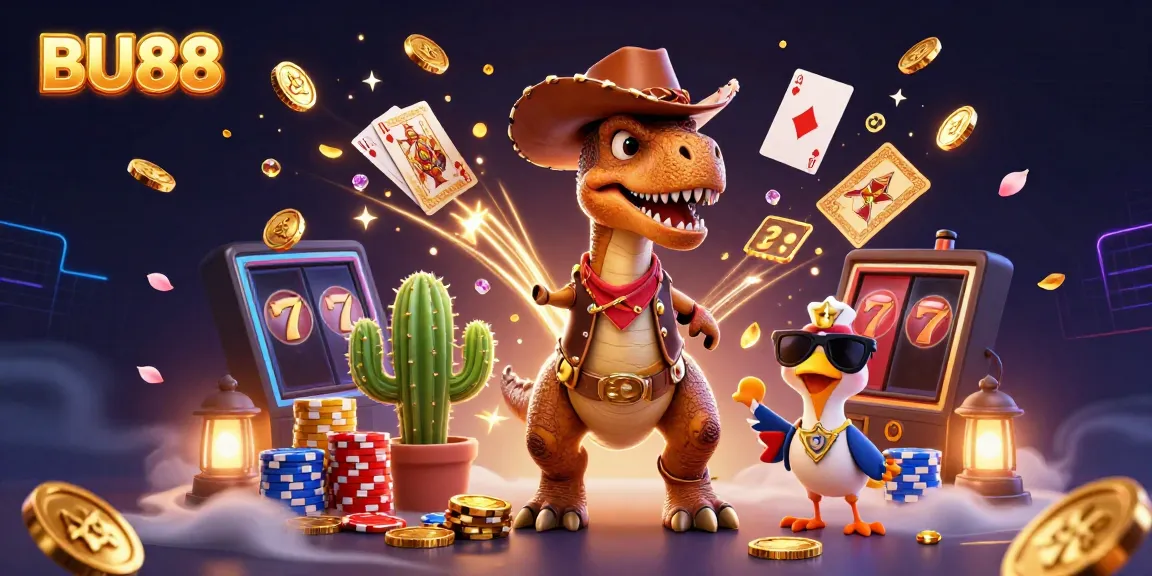Win big with BU88 in a vibrant 3D casino scene featuring dynamic games and fun characters.