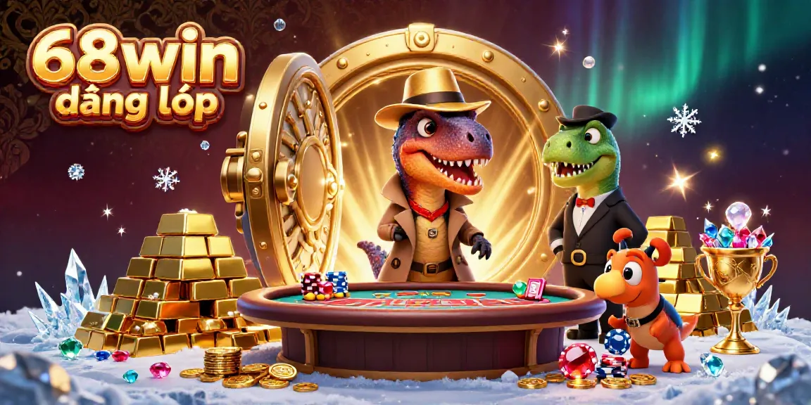 Experience the excitement of 68win đăng nhập with a dynamic casino scene featuring cartoon dinosaurs at a blackjack table.