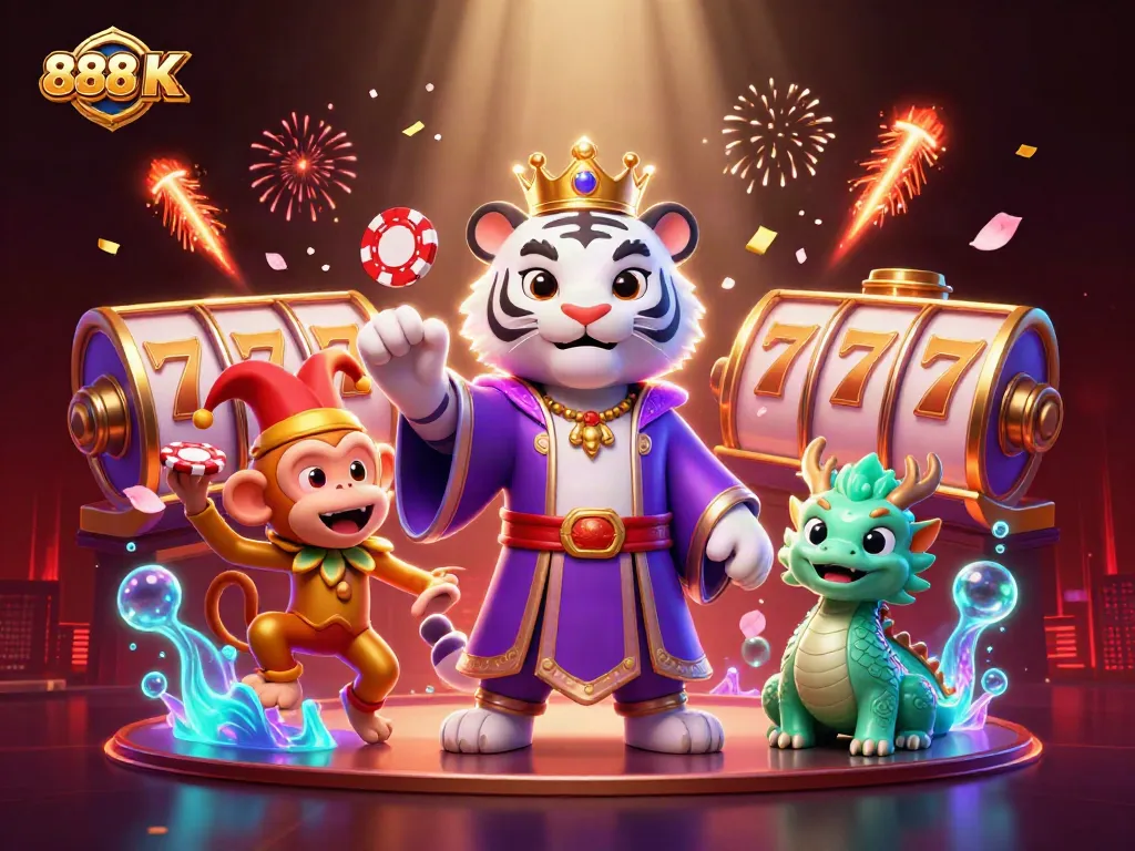 Spin the reels of excitement at 888 K with a vibrant 3D casino illustration highlighting jackpot fun.