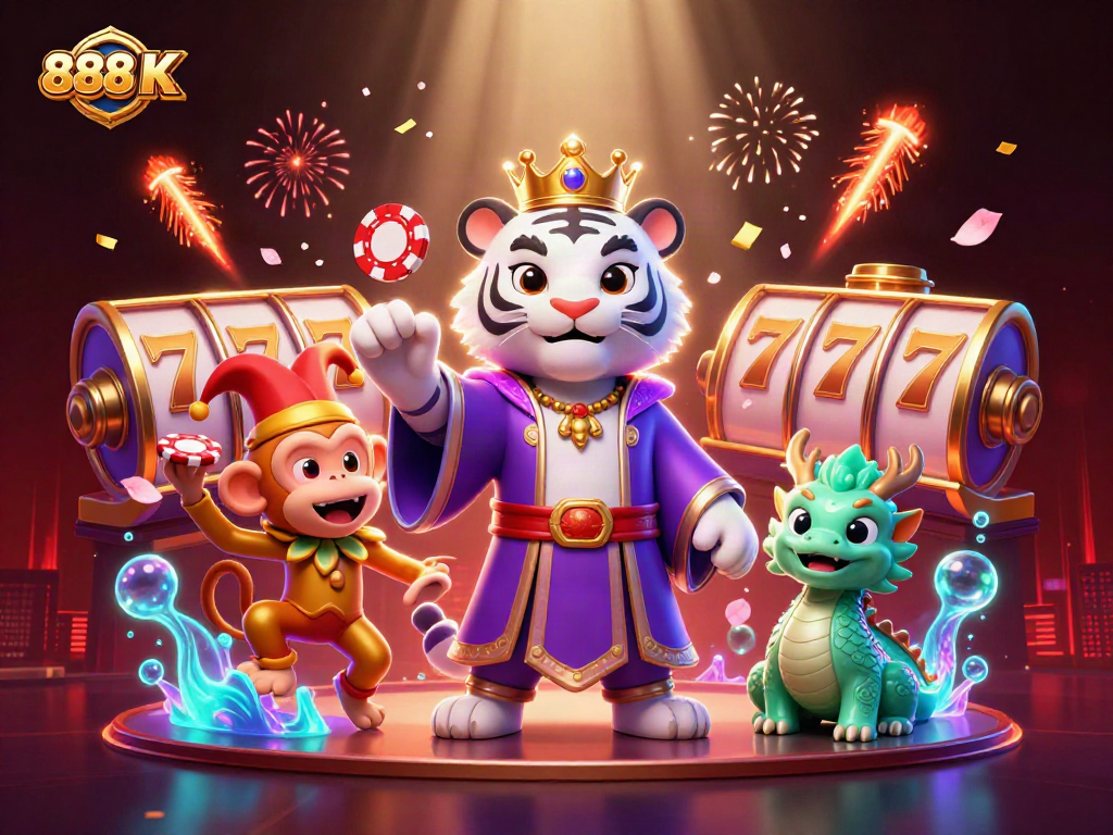 Spin the reels of excitement at 888 K with a vibrant 3D casino illustration highlighting jackpot fun.