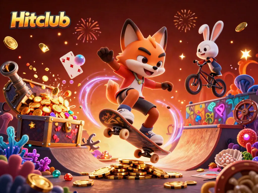 Hitclub-themed 3D cartoon illustration of a fox and rabbit performing tricks with casino elements in the background.