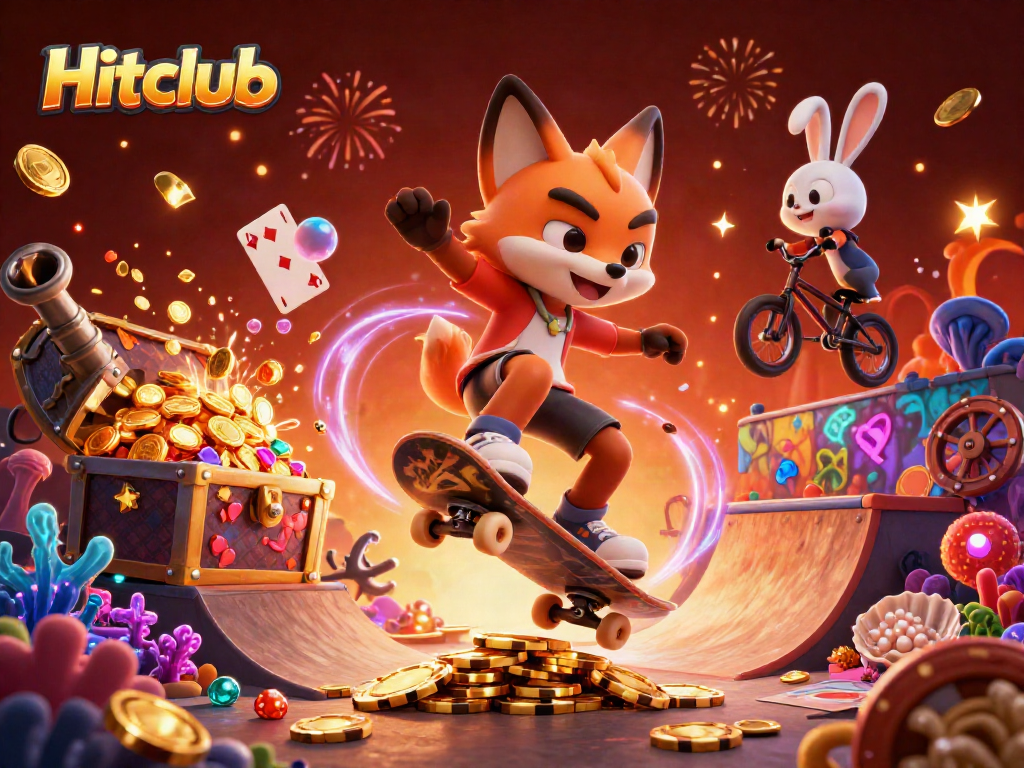 Hitclub-themed 3D cartoon illustration of a fox and rabbit performing tricks with casino elements in the background.