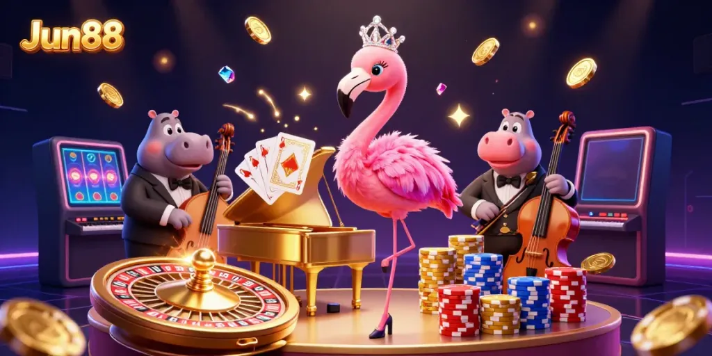 Experience the vibrant Jun88 casino scene with a flamingo singer, hippo bassist, and exciting game elements.