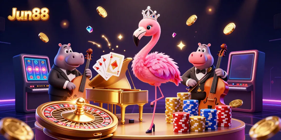 Experience the vibrant Jun88 casino scene with a flamingo singer, hippo bassist, and exciting game elements.