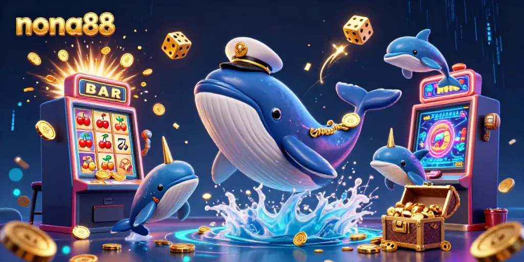 Gambaran ilustrasi tiga dimensi nona88 dengan paus, narwhal, dan lumba-lumba bermain di laut koin.