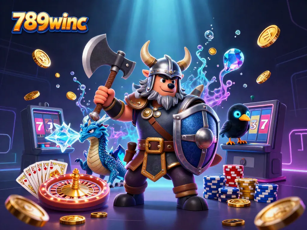 Experience 789winc's thrilling atmosphere with a Viking warrior, dragon, and dynamic casino elements.