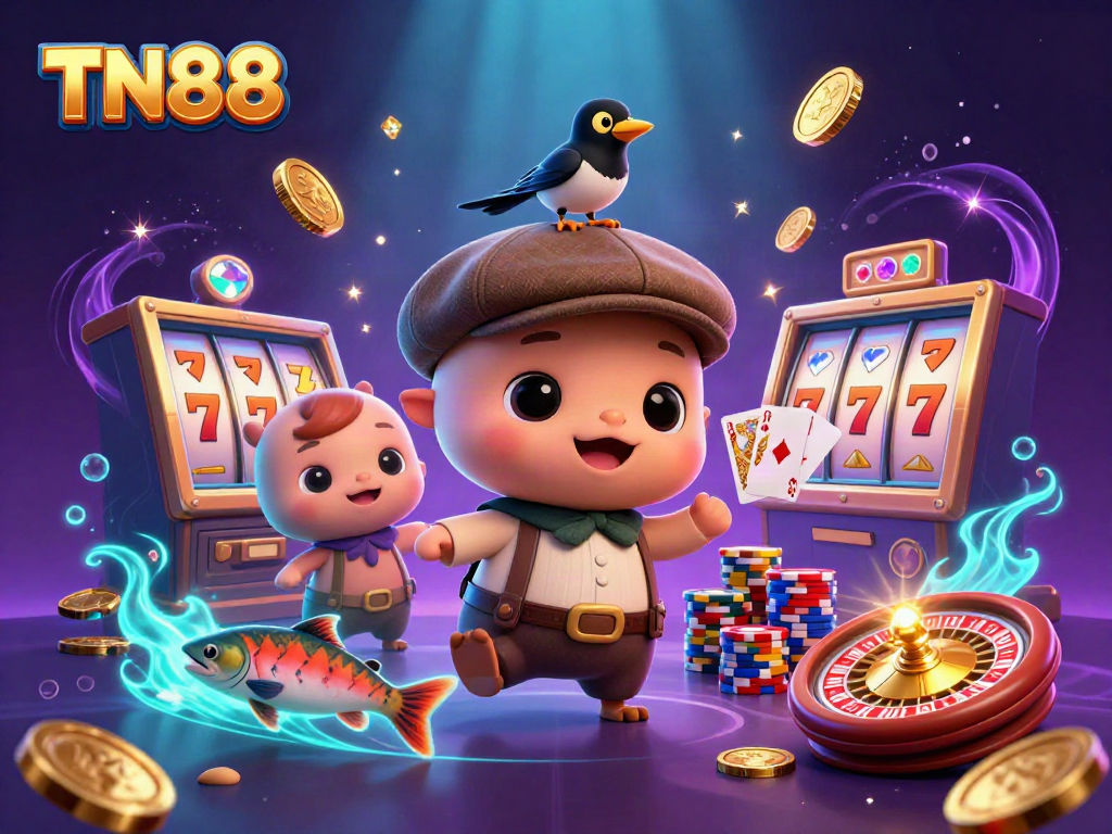 Engage with TN88's vibrant casino scene featuring a playful Loch Ness monster and gold coins flying.