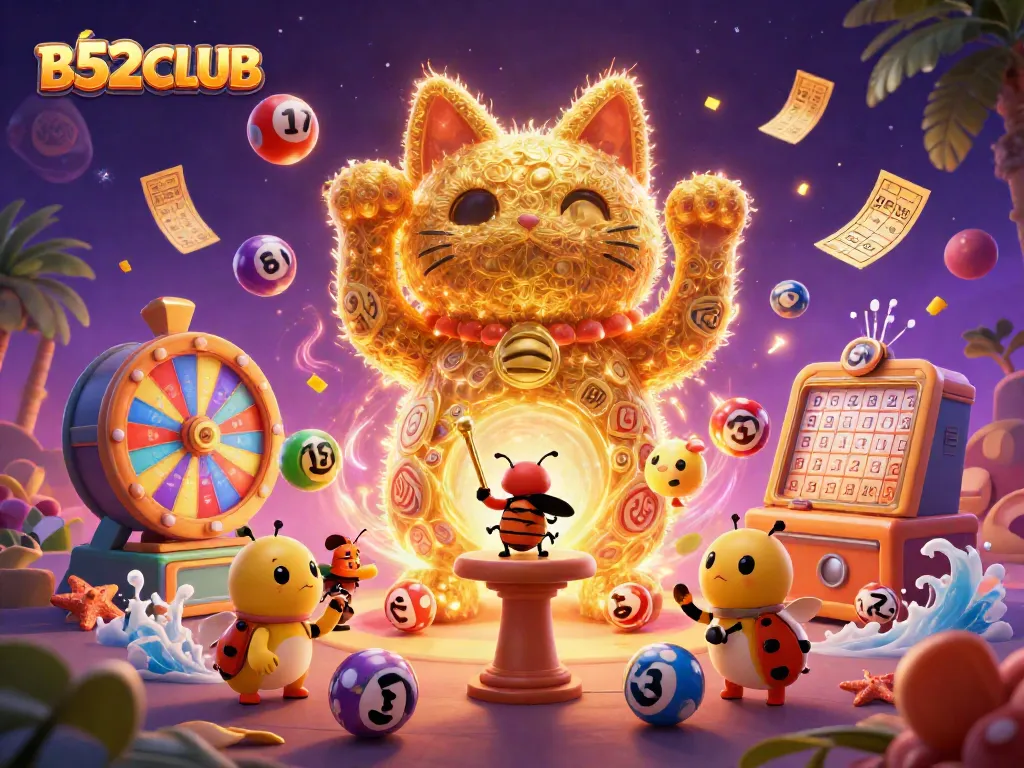 B52CLUB's dynamic lucky cat scene showcases vibrant casino excitement with golden fireflies and casino symbols.
