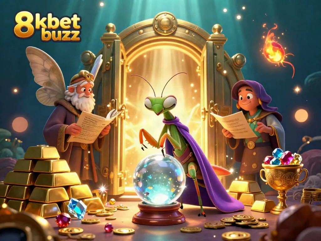 Engage with the vibrant world of 8kbet buzz featuring a fortune teller and treasures in a magical casino setting.
