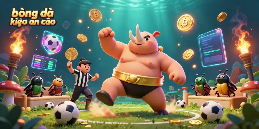 Bóng đá kèo nhà cái scene showcasing a vibrant sports betting atmosphere with a sumo beetle champion surrounded by glowing coins, soccer elements, and a cricket referee.