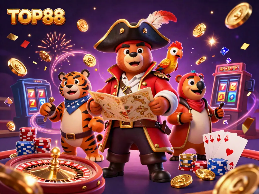 Top88 pirate-themed casino illustration with characters and vibrant gaming elements.