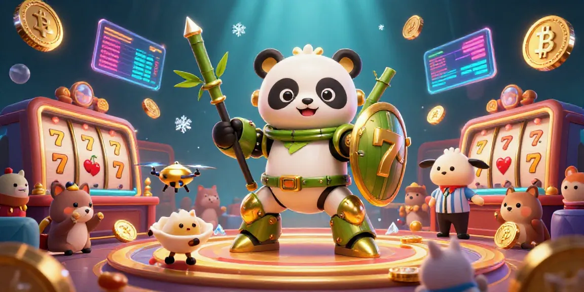 Experience thrilling slots with 789CLUB as a golden panda robot leads an exciting casino arena.