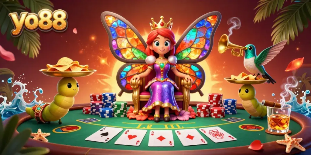 Engage with thrilling poker action at yo88, featuring a vibrant scene with butterfly queen and colorful chips.