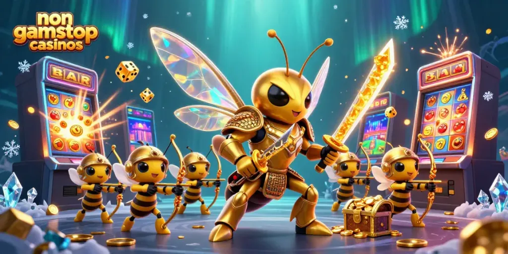 Experience vibrant gaming energy with non gamstop casinos featuring a golden hornet in samurai armor among dynamic casino elements.