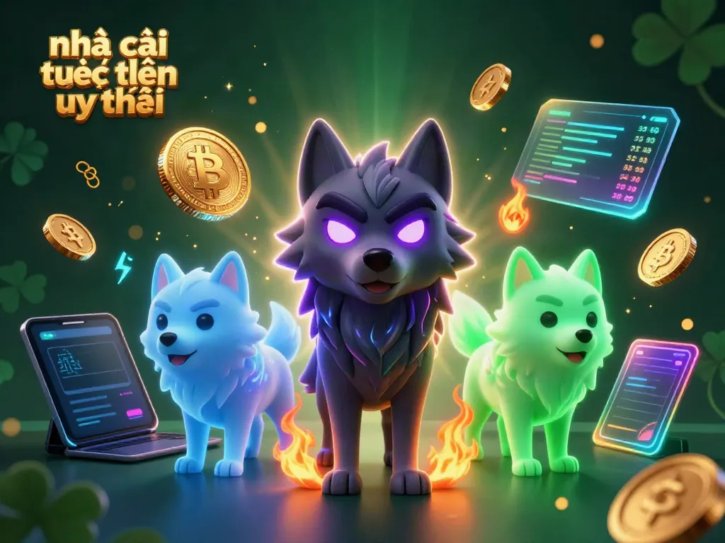 Experience the thrill of nhà cái trực tuyến uy tín with glowing wolves and digital gaming elements.