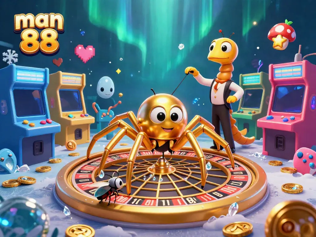 Experience the excitement of man 88 with a vibrant casino-themed illustration featuring a golden spider and dynamic gaming elements.