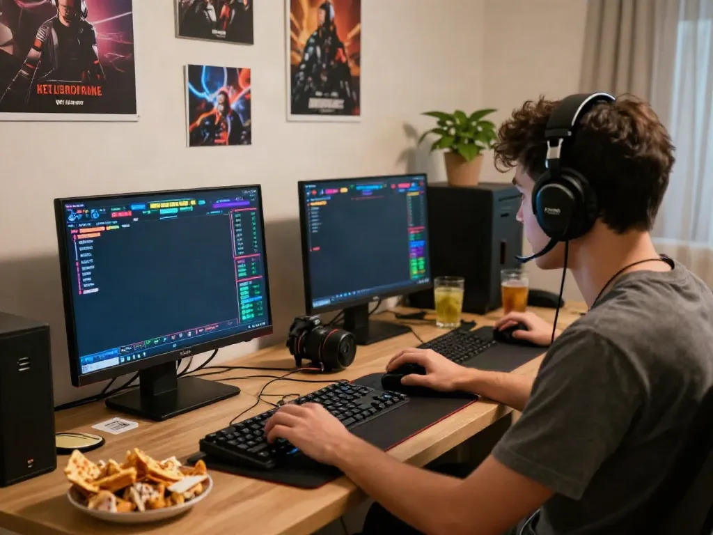 Engaged player enjoying bandar togel game on a laptop with snacks in a cozy modern setup.