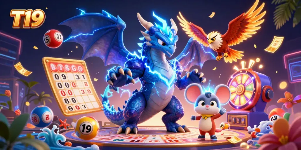 Engage with T19's vibrant online gaming scene featuring dynamic casino elements and electrifying characters.