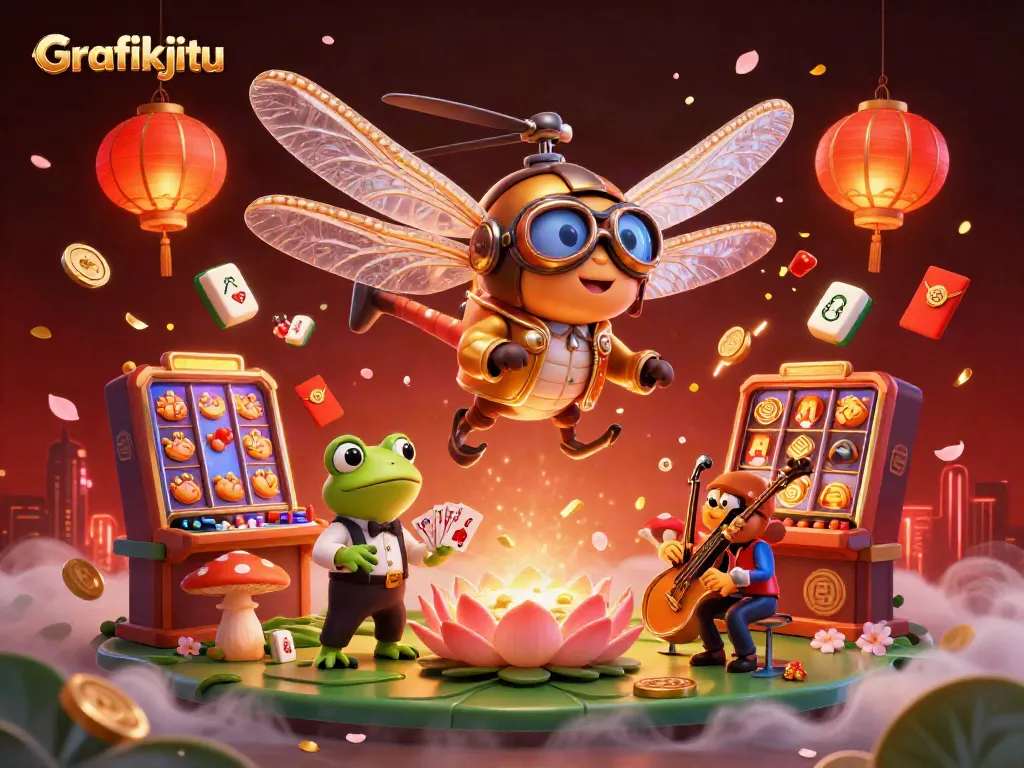 Experience the vibrant energy of Grafikjitu, featuring a flying dragonfly pilot and a frog croupier amidst thrilling gaming elements.