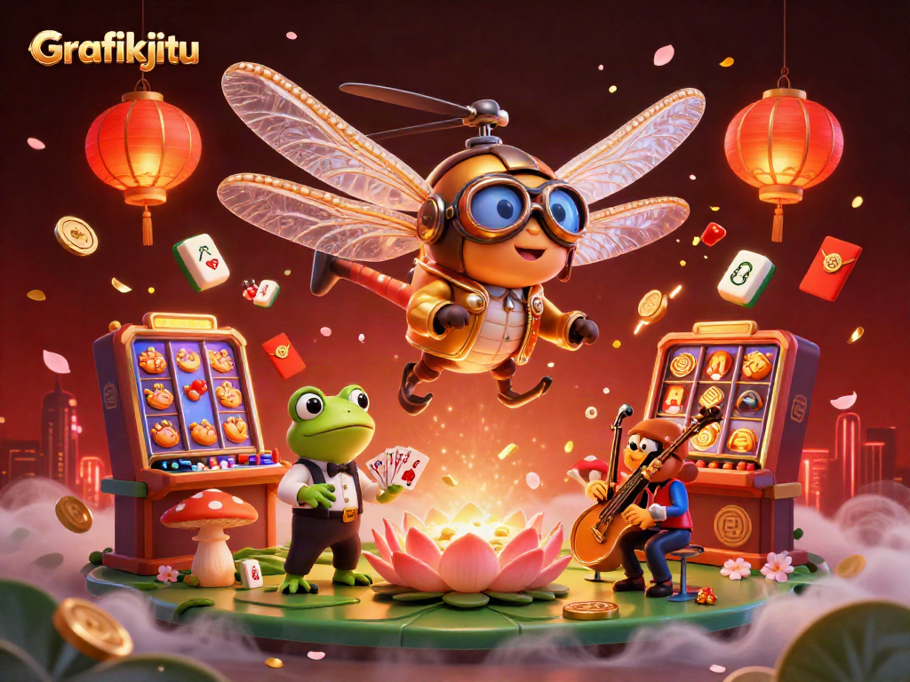 Experience the vibrant energy of Grafikjitu, featuring a flying dragonfly pilot and a frog croupier amidst thrilling gaming elements.